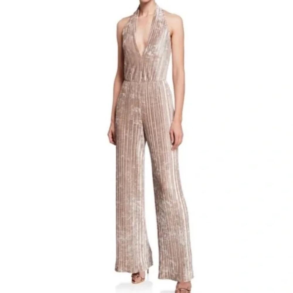 Black Halo Women's Pleated Crushed Velvet Denley Jumpsuit Halter Wide Leg NYE 0